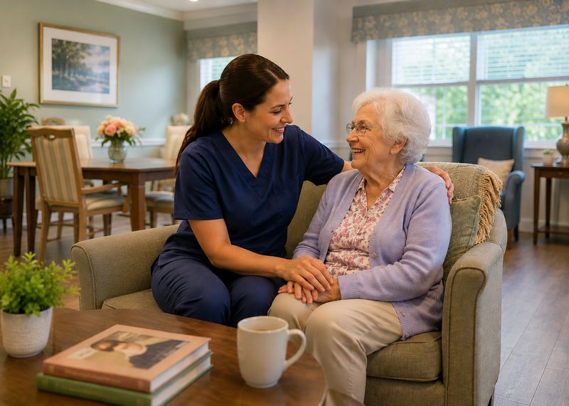 Caring staff with resident at City View Multi Care